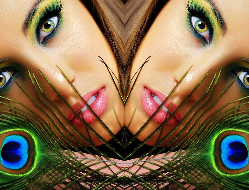 Woman with Peacock Feathers — Green, Dramatic, Digital Art