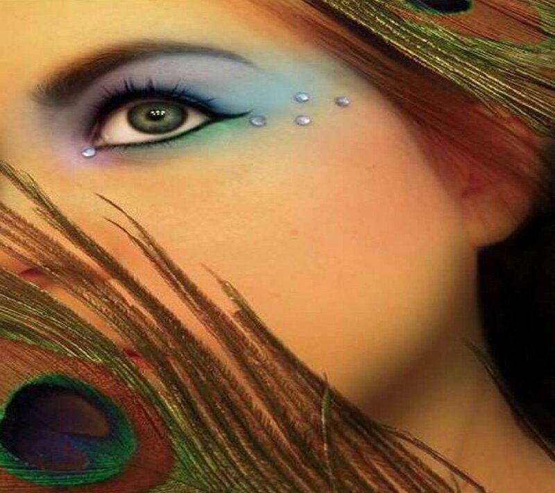 Woman with Peacock Feathers — Green, Dramatic, Photograph, Peacock Feathers, Eye Makeup
