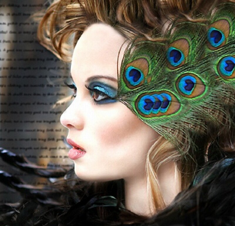 Woman with Peacock Feathers — Green, Dramatic, Photograph