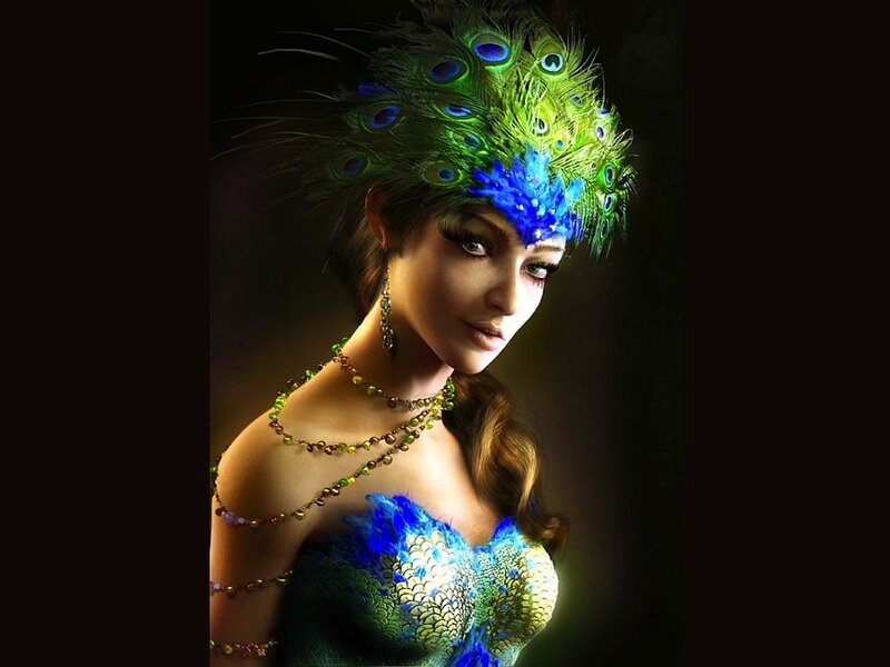 Woman with Peacock Feathers — Green, Dramatic