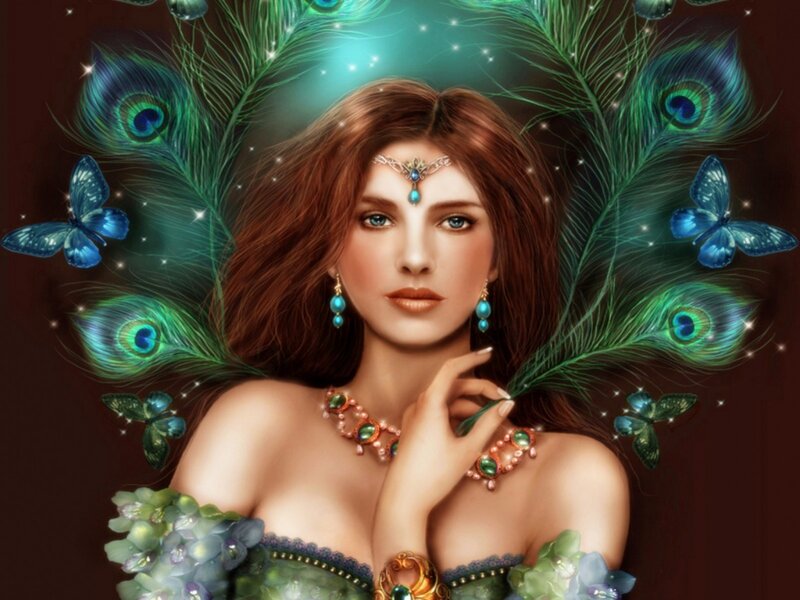 Woman with Peacock Feathers — Green, Fantasy, Digital Art