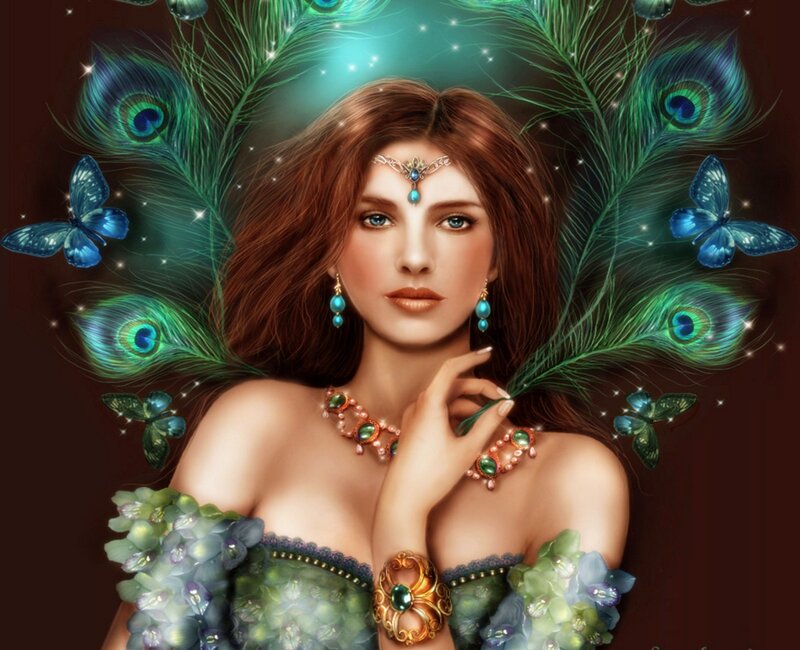 Woman with Peacock Feathers — Green, Fantasy