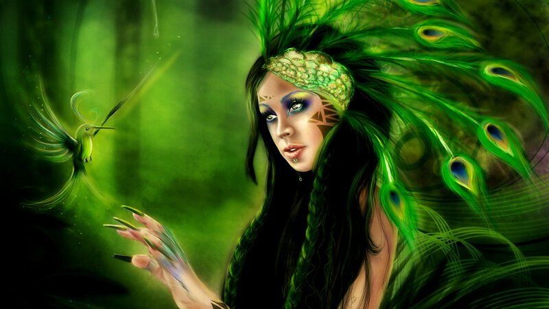 Woman with Peacock Feathers — Green, Mystical