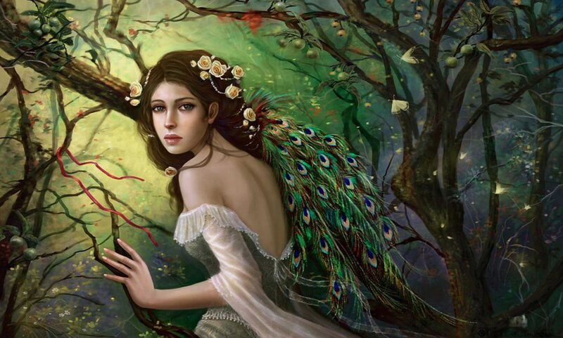 Woman with Peacock Feathers — Green, Serene, Afternoon, Digital Art, Peacock Feathers