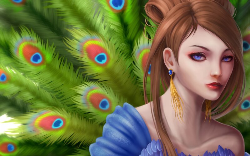 Woman with Peacock Feathers — Green, Serene, Digital Art, Peacock Feathers