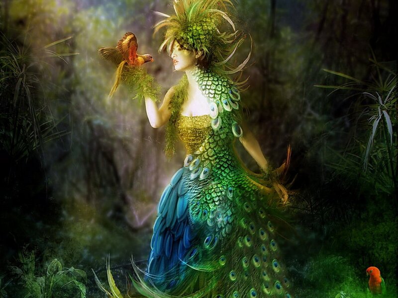 Woman with Peacock Feathers — Green, Serene, Digital Art
