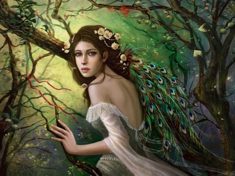 Woman with Peacock Feathers — Green, Serene