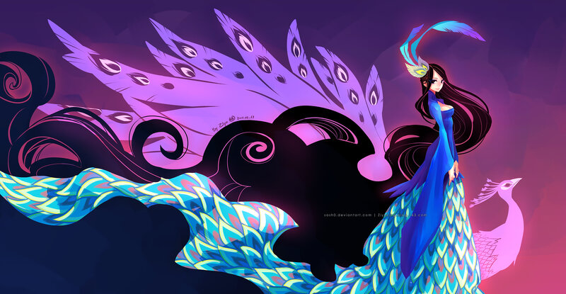 Woman with Peacock Feathers — Purple, Dramatic