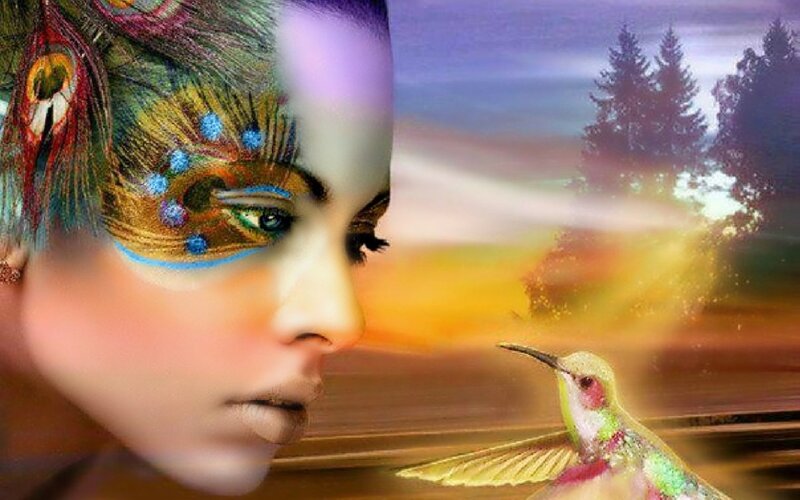 Woman with Peacock Feathers — Purple, Dreamy