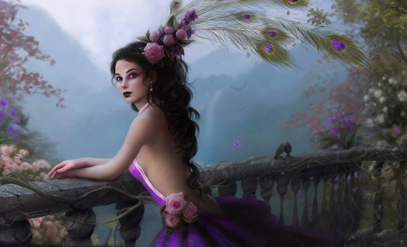 Woman with Peacock Feathers — Purple, Serene