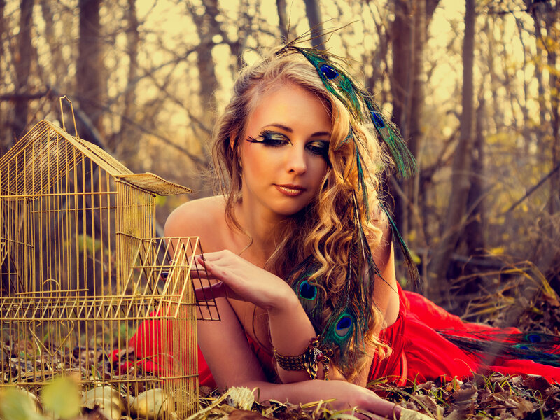 Woman with Peacock Feathers — Red, Dramatic, Autumn
