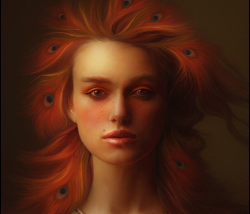 Woman with Peacock Feathers — Red, Dramatic