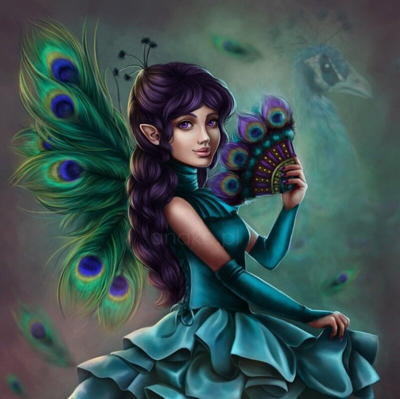 Woman with Peacock Feathers — Teal, Fantasy