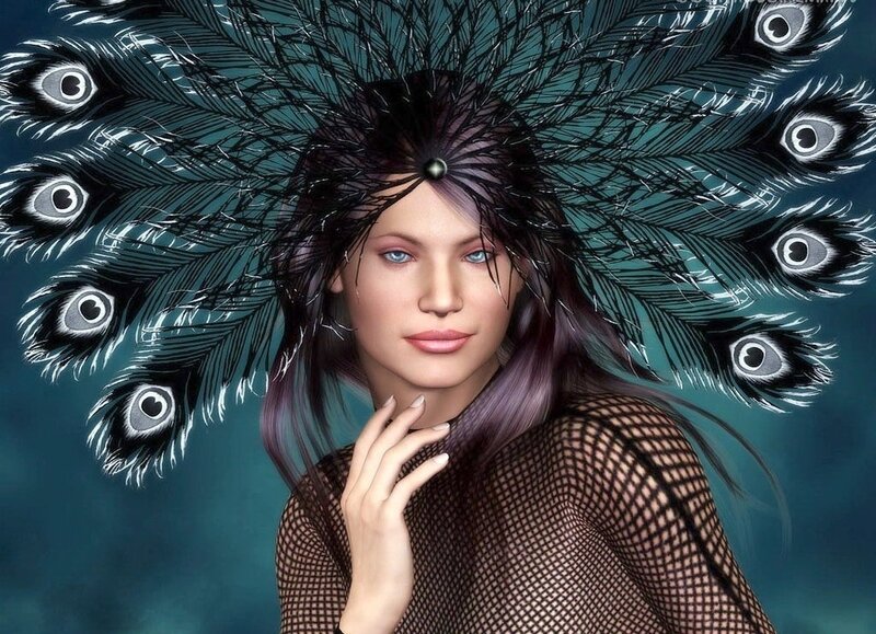 Woman with Peacock Feathers — Teal