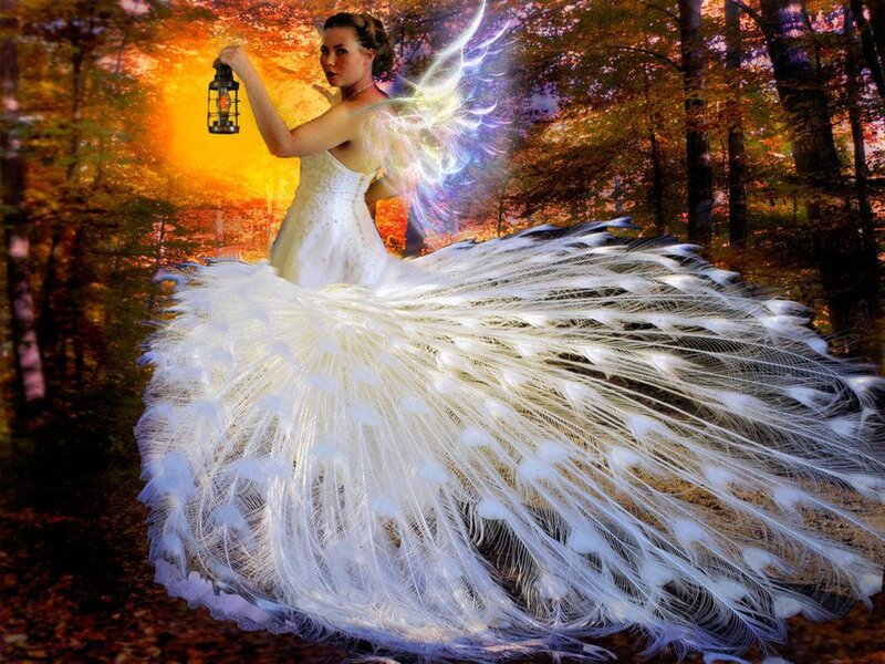 Woman with Peacock Feathers — White
