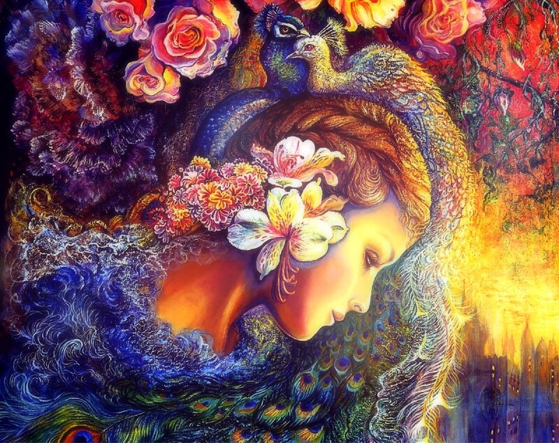 Woman with Peacock Feathers — Yellow, Dreamy