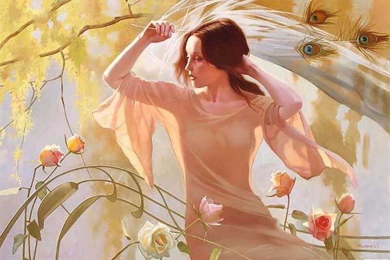 Woman with Peacock Feathers — Yellow