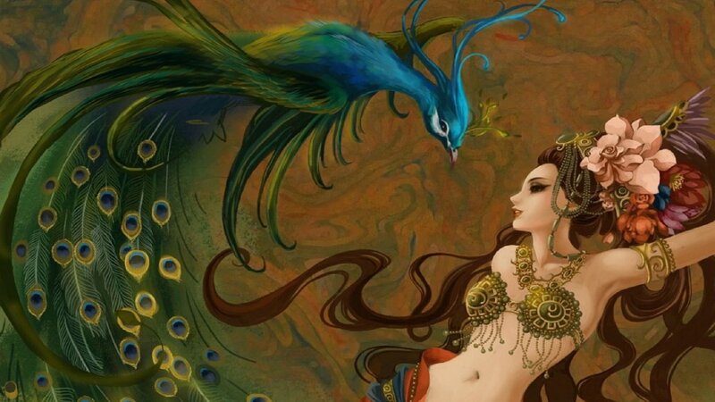 Woman with Peacock — Green, Serene, Digital Art, Flowers