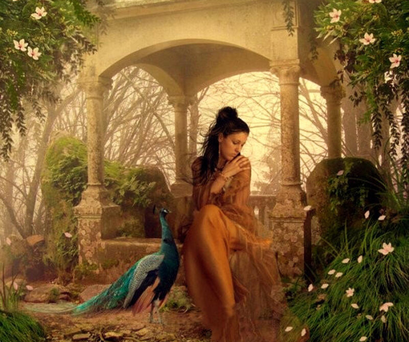 Woman with Peacock — Green, Serene, Spring
