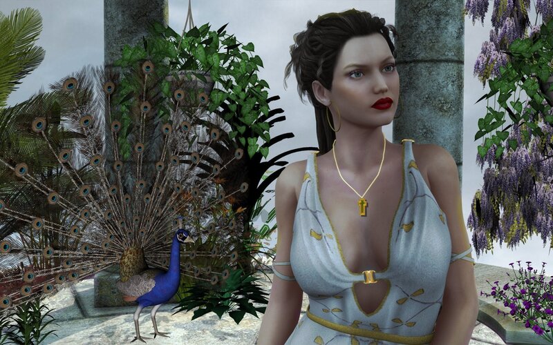 woman with peacock in garden