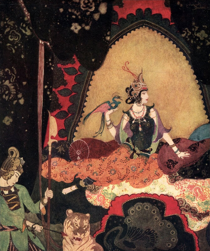Woman with peacock in palace