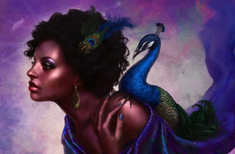 Woman with Peacock — Purple, Dramatic