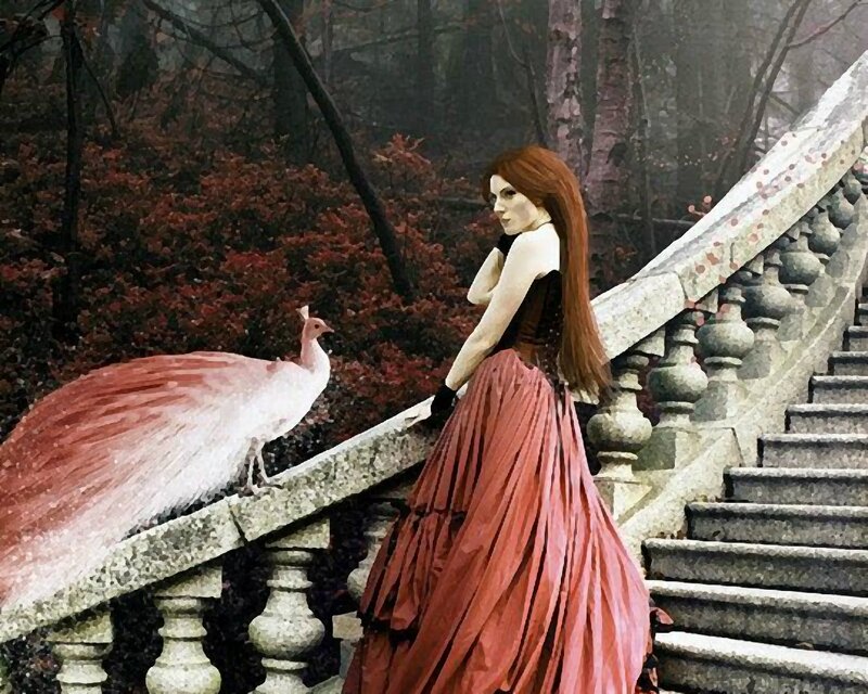 Woman with Peacock — Red, Dramatic