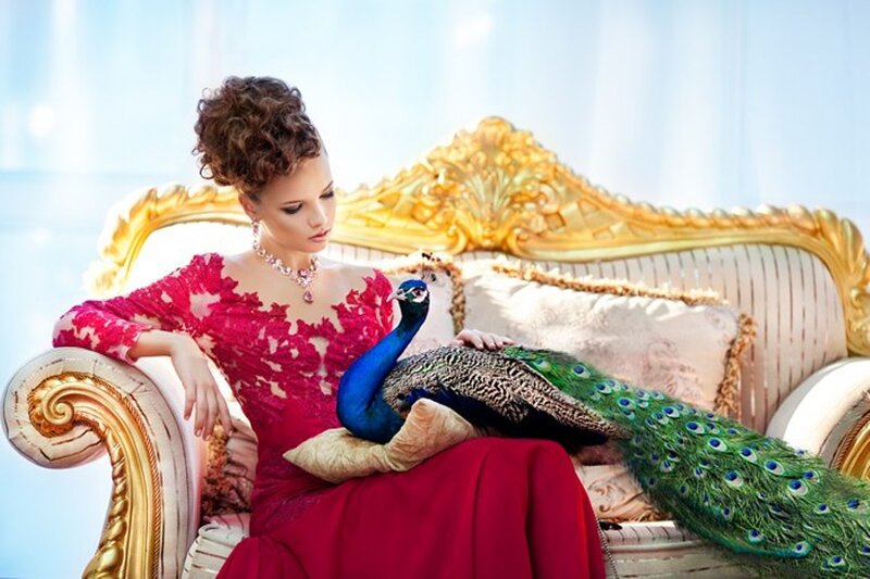 Woman with Peacock — Red, Regal