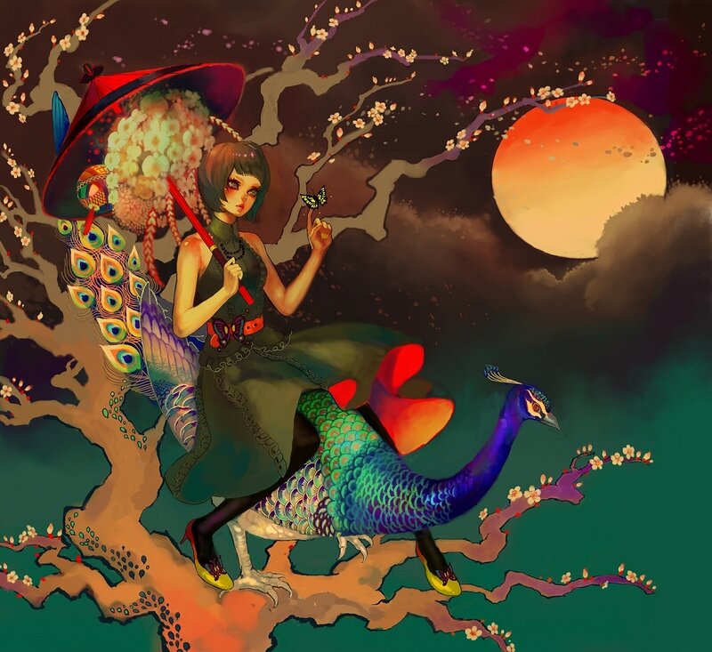 woman with peacock under moonlight