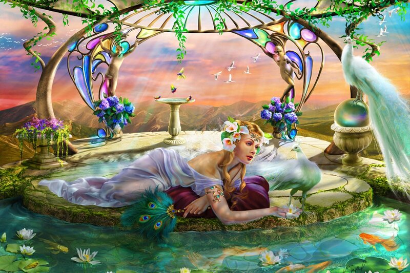 Woman with Peacocks — Green, Serene, Sunset