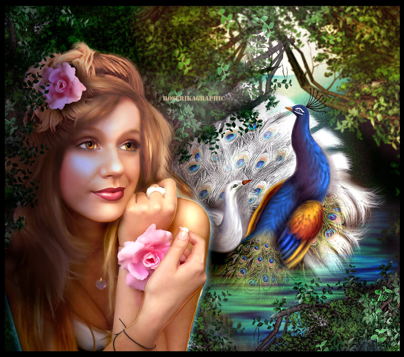 Woman with Peacocks — Green, Serene