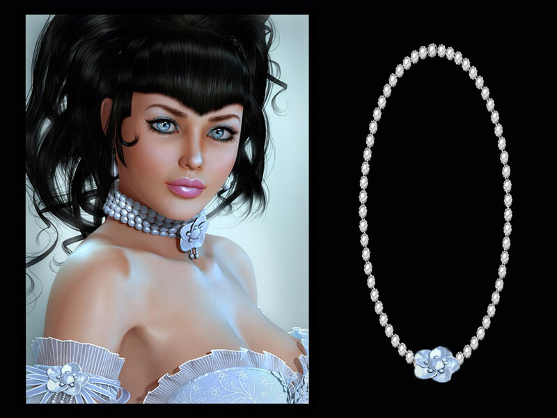 Woman with Pearl Necklace — White, Dramatic, Digital Art