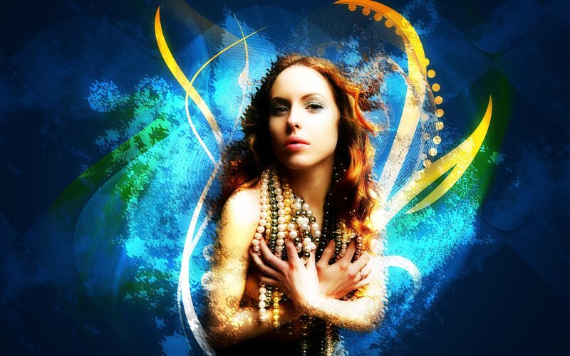 woman with pearls and abstract background
