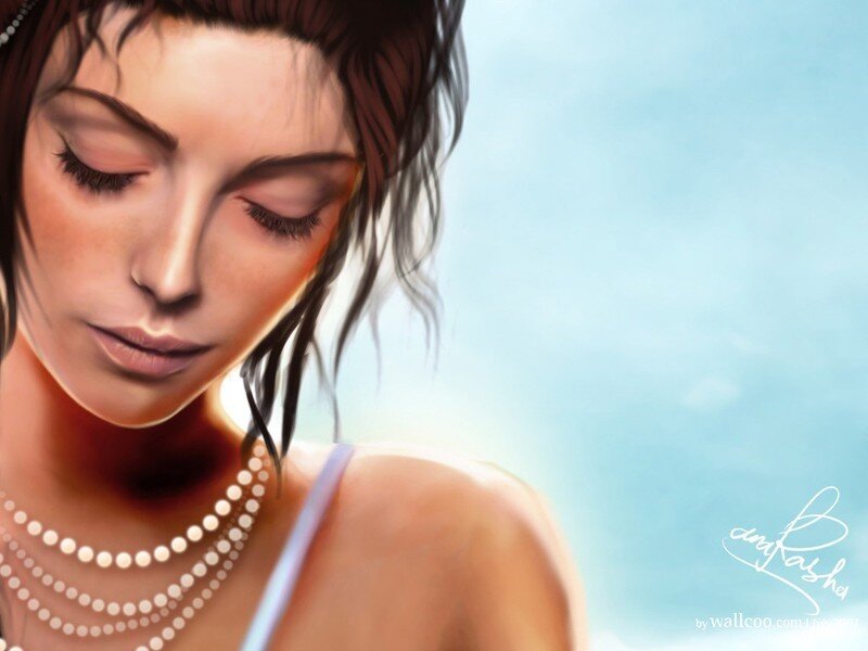 woman with pearls and wet hair