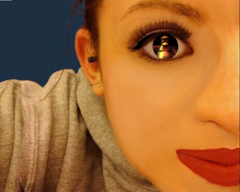 woman with penguin in eye