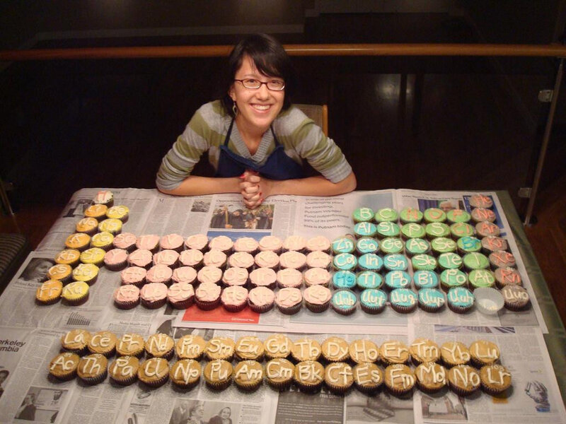woman with periodic table cupcakes