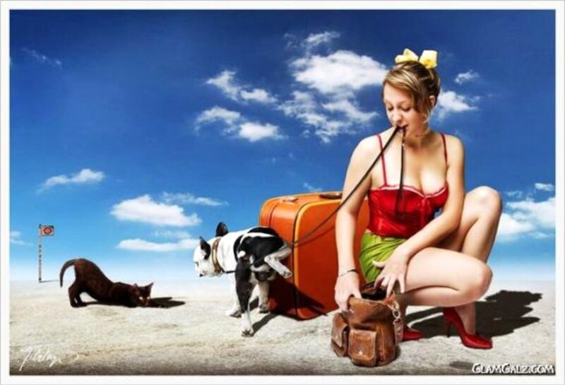 Woman with pets in desert