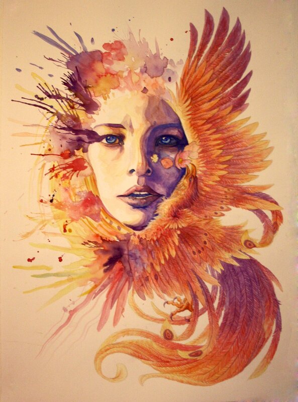 Woman with Phoenix — Orange, Dramatic, Painting