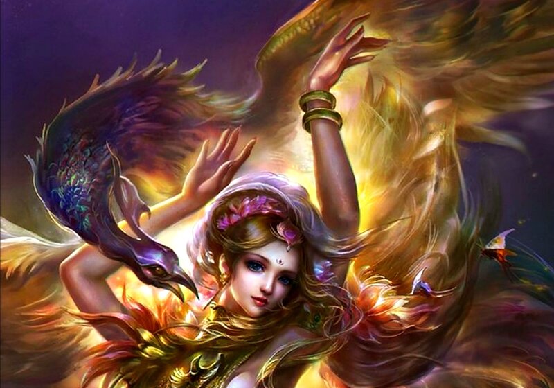 Woman with Phoenix — Purple, Dramatic, Night