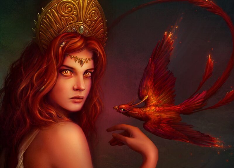 Woman with Phoenix — Red, Dramatic, Digital Art, Crown
