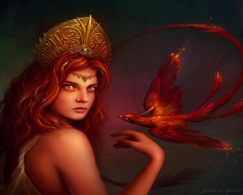 Woman with Phoenix — Red, Dramatic, Digital Art