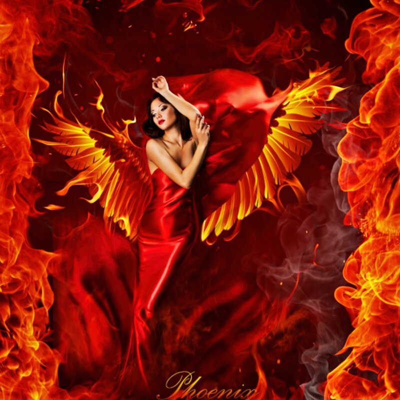 Woman with Phoenix Wings — Red, Dramatic, Digital Art
