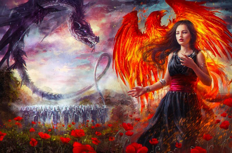 Woman with Phoenix Wings — Red, Dramatic, Sunset