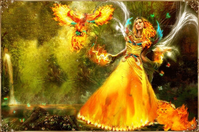 Woman with Phoenix — Yellow, Dramatic