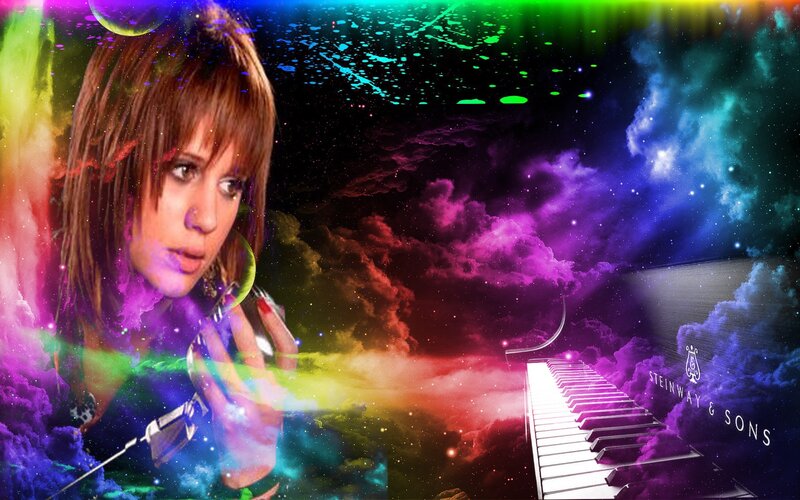 woman with piano in galaxy