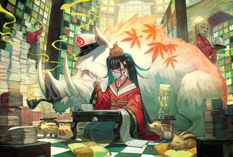Woman with Pig in Library