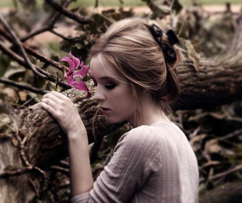 Woman with Pink Flower — Brown, Contemplative