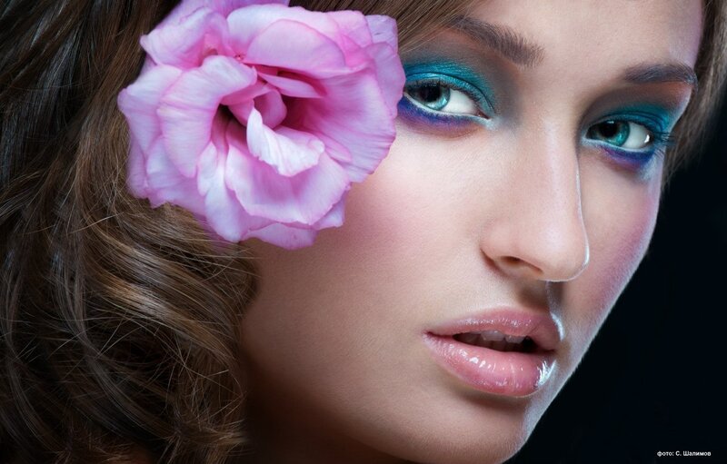 Woman with Pink Flower — Dramatic, Photograph, Eye Makeup