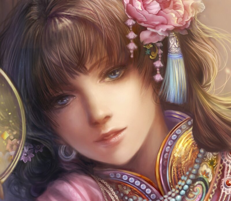 Woman with Pink Flower — Serene, Digital Art, Tassel