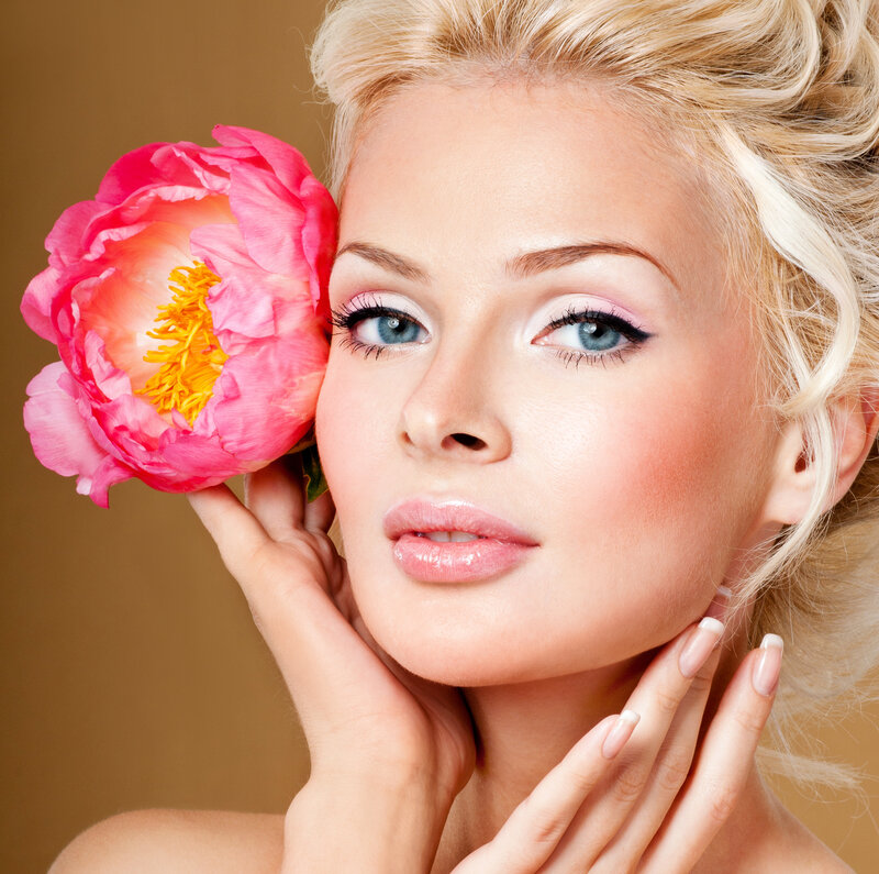 Woman with Pink Flower — Serene, Photograph, Makeup